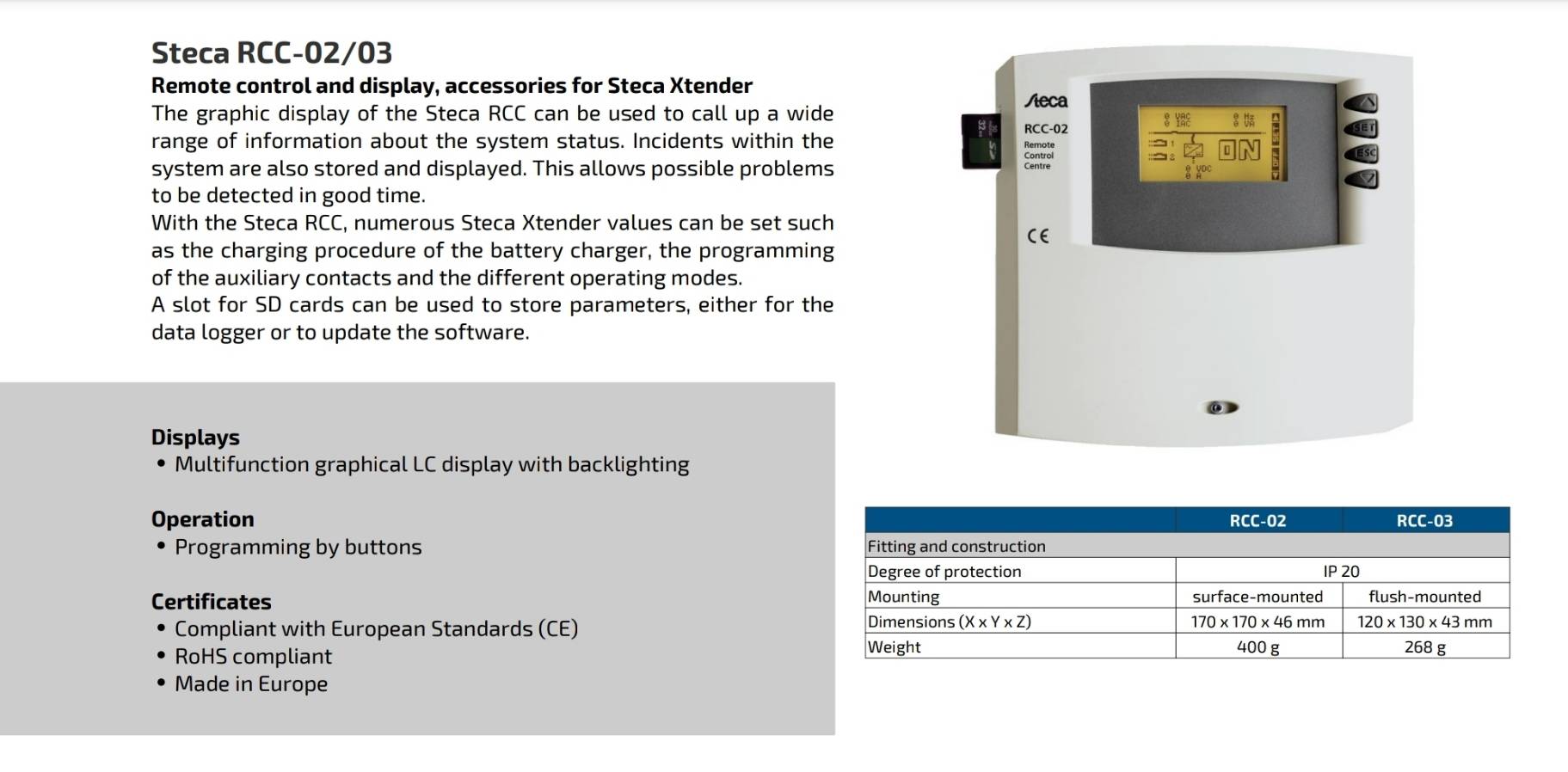 STECA RCC-02/03 Remote Control and Display for Steca Solar Inverter Xtender