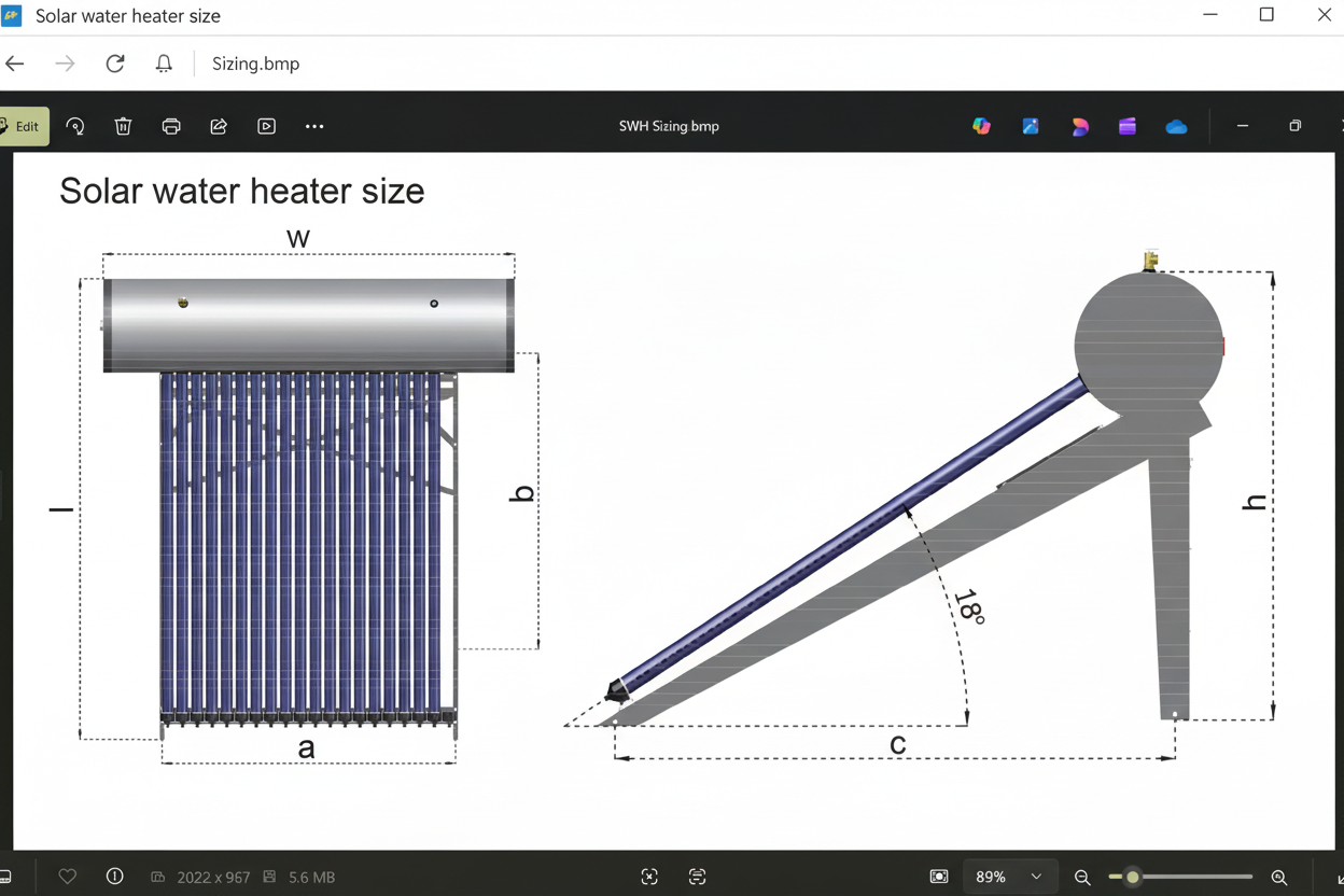 Solar Water Heater Size Diagram – 18° installation angle, showing dimensions W, l, b, a, h, c